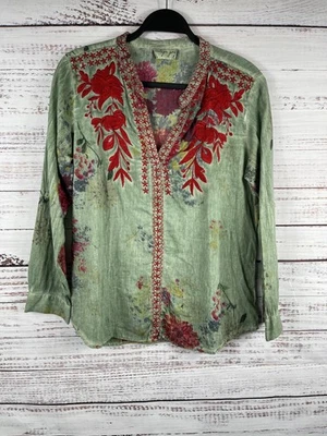 Camisa de portería vintage para mujer mediana verde floral bordada boho campesina top Foto 1 de 4