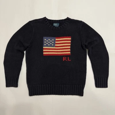 Vintage Polo Ralph Lauren Navy American Flag Sweater RL Cotton Boys M 10-12 - Image 1 of 4