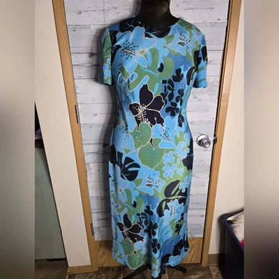 Vintage Leslie Fay Blue Green Floral Hibiscus Short Sleeve Midi Dress - Image 1 of 4