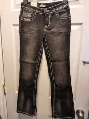 Pantalones de mezclilla Mudd Girls talla 12 negros bota ajustada hermosas costuras Foto 1 de 4