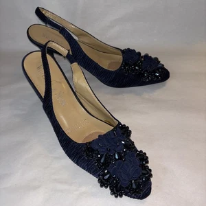 Whittall & Shon Satin &Beaded Slingback Formal Navy Blue W/Kitten Heel Sz 10 EUC - Picture 1 of 10