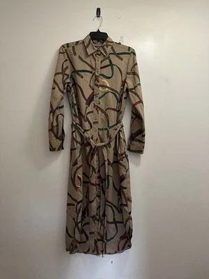 Lauren Ralph Lauren Shirt Dress Womens 6P Brown Belted Print Crepe Black Label - Image 1 of 4