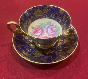 Tuscan England Gold Decorated Pink Roses On Cobalt Blue Tea Cup & Saucer - Picture 1 of 7