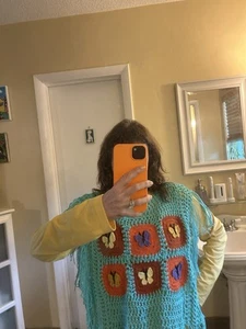 Handmade Knit Poncho Shawl Sweater One Size Cottage Sage Gypsy Prairie Grandma - Picture 1 of 2