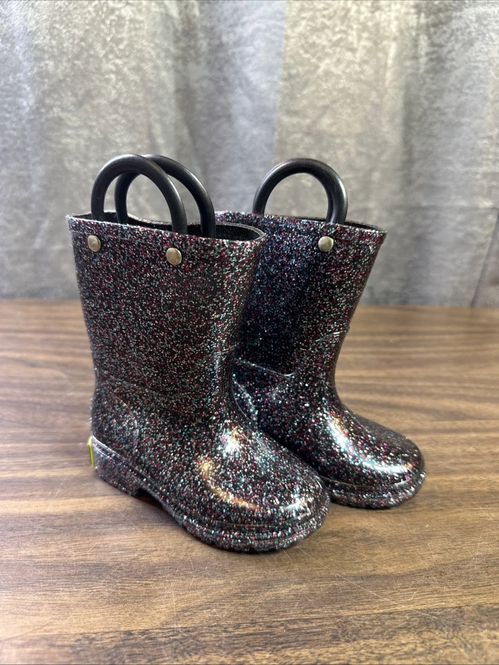 Western Chief Niños Brillo Botas de Lluvia Asas Negro/Rosa Brillo Impermeable Talla 5 Foto 1 de 1