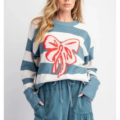 Suéter tejido a rayas con cinta de caballete lazo talla pequeña Foto 1 de 4