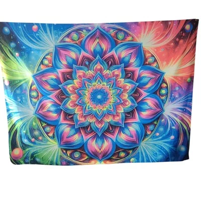 NUEVO CON ETIQUETAS Vibrante Colorido Flor Luz Negra Mandala Colgante de Pared Tapiz 80" × 60" Foto 1 de 4