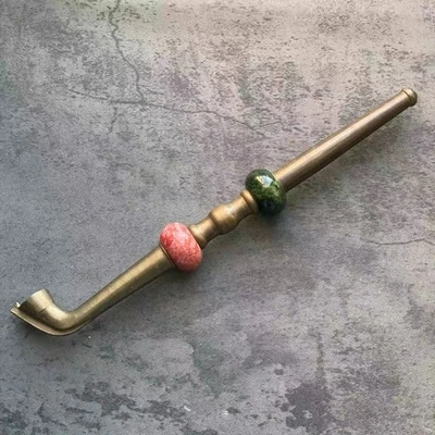 Pipa de fumar larga de latón nepalí tibetano vintage de 14" piedra decorativa sobre vástago Foto 1 de 4
