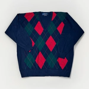 PRINGLE OF SCOTLAND Navy Blue Lambswool Argyle Sweater Vintage Sz XL Mens - Picture 1 of 5