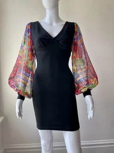 Vintage 80s 90s S Mini Dress Floral Balloon Sleeves Sexy Club Spandex EUC - Picture 1 of 10