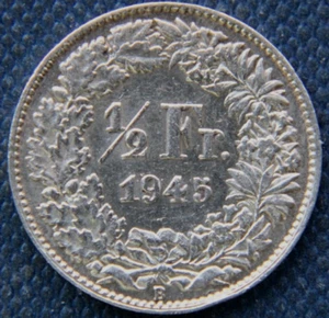 Switzerland 1/2 Franc silver coin, 1945 - Picture 1 of 2