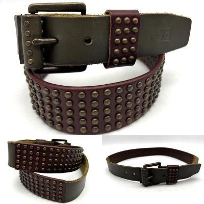 Vintage 00s Y2K Joe's Jeans Verde Marrón Cuero Mini Latón Tachuelas Cinturón 32-36" Foto 1 de 4