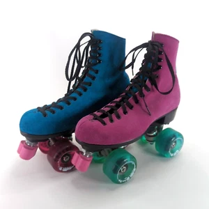 Riedell Custom Pink & Blue Suede Leather Lace Up Roller Skates Size 6 Women - Picture 1 of 9