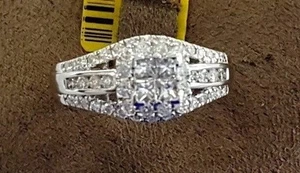 14k White Gold Halo Vintage Square Diamond Engagement Bridal Wedding Ring Set - Picture 1 of 9