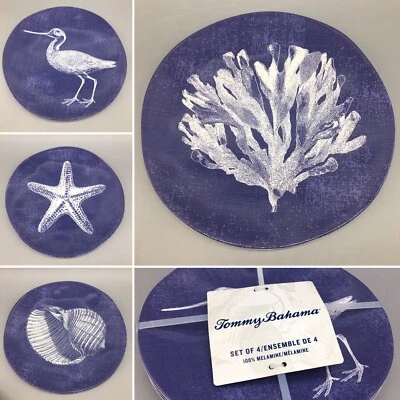 x4 Tommy Bahama Beach Melamine Lunch Plate Set Blue Shell Starfish Coral Bird 8”