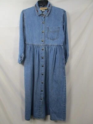 Studio Ease Womens Dress 4P Petite Blue Denim Pocket Button Embroidered Cotton - Image 1 of 4