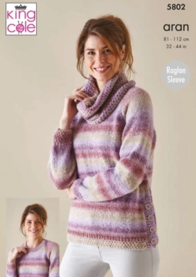 King Cole 5802 Knitting Pattern: Ladies Cardigan, Sweater & Cowl, Aran, 32-44", - Image 1 of 2