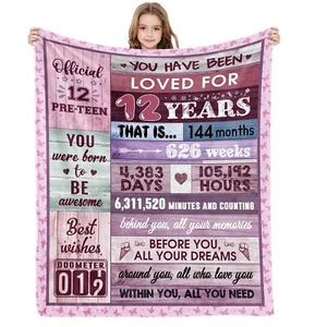 Pink 12th Birthday Blanket 60"X50" 12 Year Old Girl Gift Daughter Sister - Picture 1 of 7