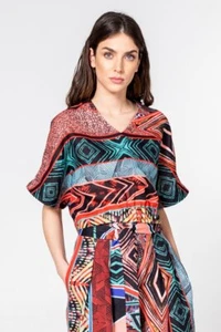 Ivko Leinen Shirt Pullover schwarz rot türkis linen geometrisch 201361 - Picture 1 of 11