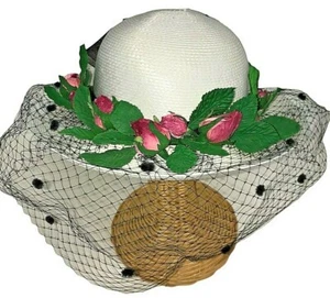 Veiled White Poly Straw Bowler Derby Hat Black Tulle Pink Rosebuds 21.5" IC - Picture 1 of 7