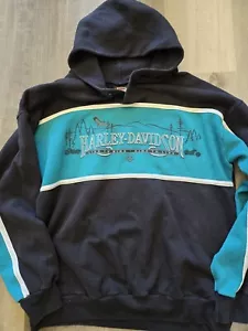 Vtg Harley Davidson Hoodie Size Large Black And Teal Womens Sweatshirt - Picture 1 of 11