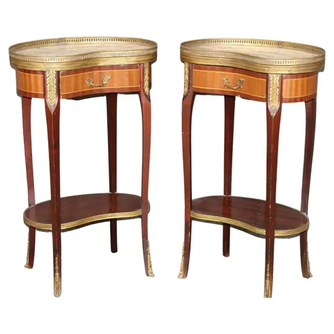 Pair of Marble Top Satinwood French Louis XV Kidney Shape Nightstands circa 1940 Cover
