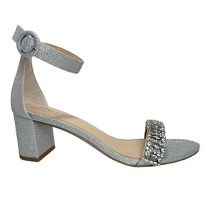 Jewel Badgley Mischka Women's Silver Glitter James Block Heel Evening Sandals 7 - Picture 1 of 12
