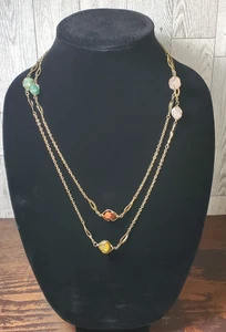 Vintage Gold Tone & Caged Genuine Gemstone Nugget Station Pendant Necklace 23" - Picture 1 of 7