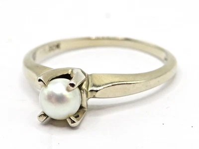 LOVELY LADIES 14k WHITE GOLD RING w 4.8mm AKOYA SALTWATER PEARL - SIZE: 7/7.25 * - Image 1 of 4