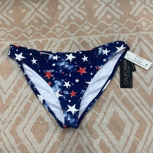 NWT Juniors California Waves Splatter Stars Red White Blue Bikini Bottoms Large - Picture 1 of 4