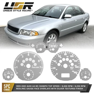 Silver Gauge Face Overlay For 1995-2001 Audi A4 B5 160MPH 8K RPM Fahrenheit Temp - Image 1 of 4