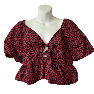 Band of the Free LA Strawberry Print Cropped Top Women XL Black Red Puff Sleeve - Picture 1 of 9