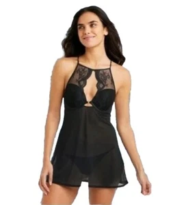 NEU Auden Größe Large schwarz hochgeschlossen sexy Babydoll Negligee mit passendem Tanga Set - Bild 1 von 13