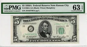 $5 1950A Federal Reserve Note Kansas City Fr#1962-J (JA Block) CU63 EPQ PMG - Picture 1 of 4