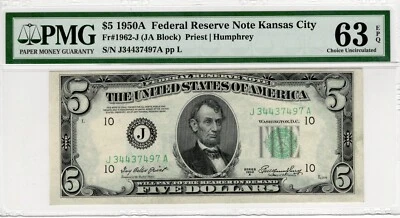 $5 1950A Federal Reserve Note Kansas City Fr#1962-J (JA Block) CU63 EPQ PMG - Image 1 of 4