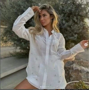 CAMICIA LUNGA ZARA OYSTER BIANCA STRASS RICAMATA POPLIN OVERSIZE - Foto 1 di 24