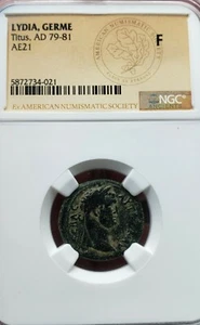 Titus .MYSIA, Germe.  AD 79-81. Æ Apollo Standing. Roman Empire.  NGC F Rare - Picture 1 of 2