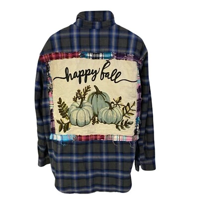 Upcycled Flannel Shirt Womens 1XL Blue Fall Grunge Pumpkin Shacket Art To Wear - Image 1 of 4
