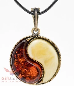 Brass Amber Pendant of a Yin & yang Feng Shui charm talisman necklace IronWork - Picture 1 of 5