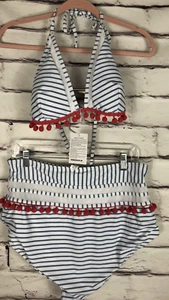 NWT CocoShip Womens Size 16 Blue/White Striped 2 -Piece Swimsuit Set Pom Pom Hem - Picture 1 of 9