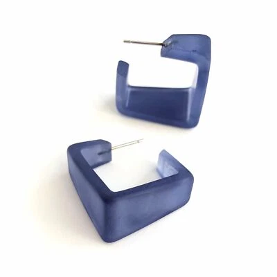 Denim Blue Frosted Wide Cubist Lucite Hoop Earrings - Image 1 of 4