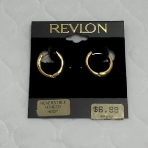 Vintage Revlon Gold Tone Smooth Hoop Earrings Metal Hinged New - Picture 1 of 6