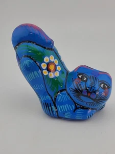 TALAVERA Blue CAT Mexican Folk Art Terracotta Hand Painted 4"X3.5"X2.5" NEW! - Picture 1 of 8