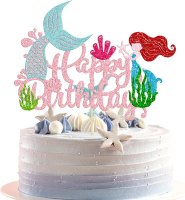 1 peça enfeite de bolo sereia feliz aniversário glitter oceano animal escolha bolo conchas - Imagem 1 de 4