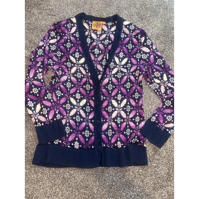 Tory Burch Womens M 100% Wool Floral Bloom Purple Button Lightweight Cardigan - Image 1 of 2