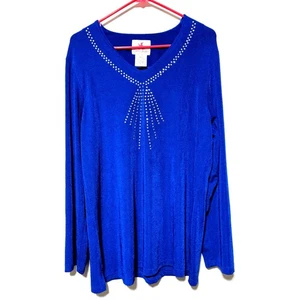 Quacker Factory Blouse Women's Size L Blue Rhinestones Long Sleeve Stretch Glam - Picture 1 of 5
