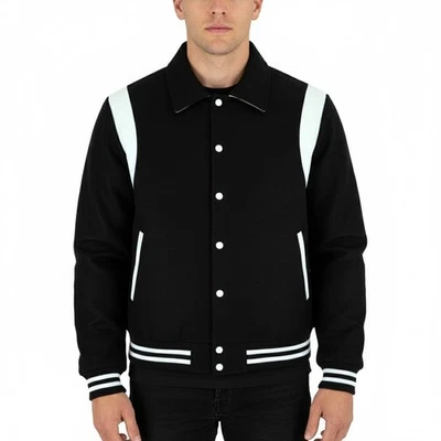 Varsity Letterman Black  wool White leather Stripes Bomber Retro Unisex Jacket - Image 1 of 2