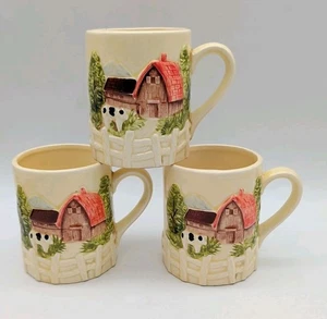 Vintage Marks Rosenfeld Cottage Core Coffee Cups 3D Farmhouse Barn 3 1/2" Tall - Picture 1 of 8