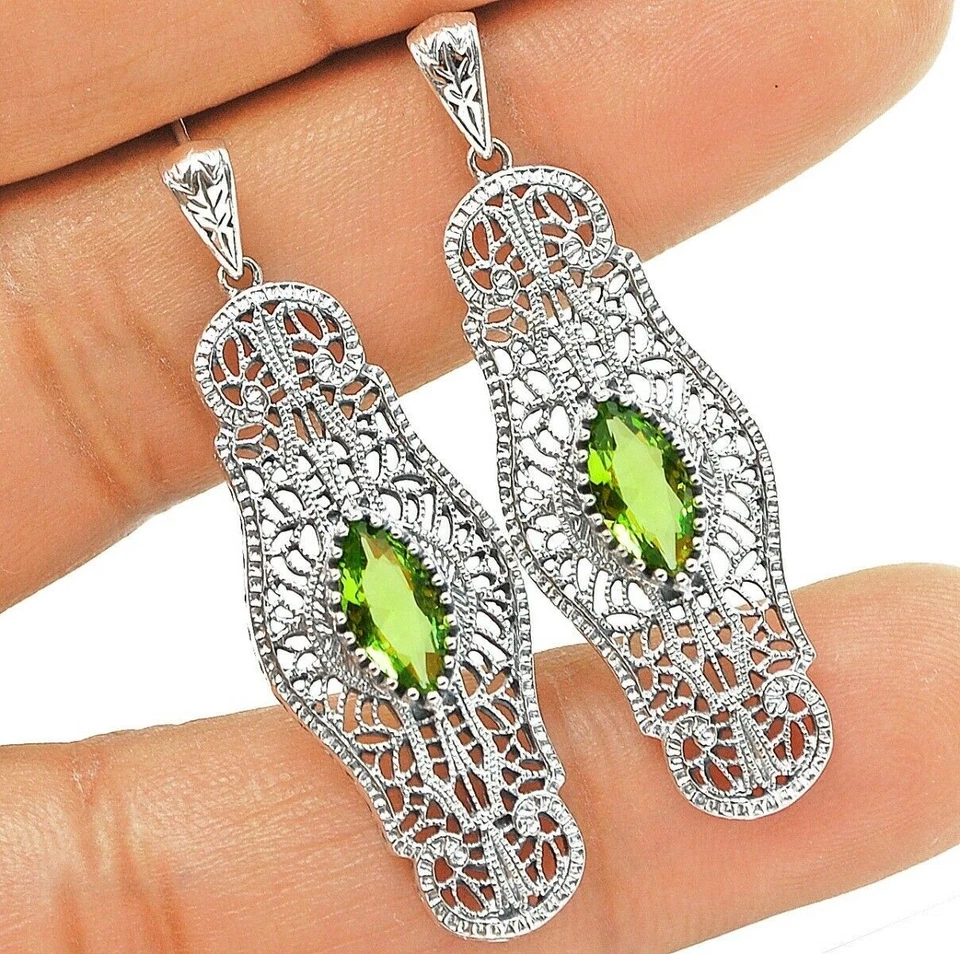 2CT Natural Peridot 925 Solid Sterling Silver Art Nouveau Earrings Jewelry  - Image 1 of 1