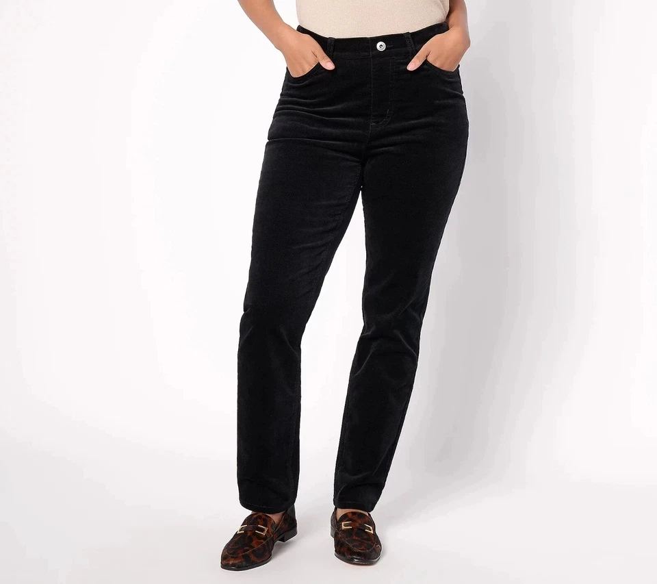 Denim & Co. Stretch Regular Velveteen Slim Straight Ankle Pant Black 10 New - Image 1 of 1